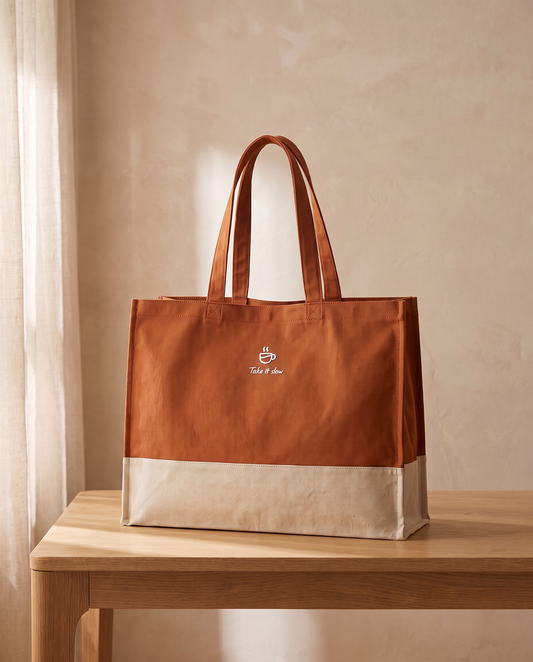 An orange embroidered tote bag stitched with the words Take it slow, resting on a wooden table