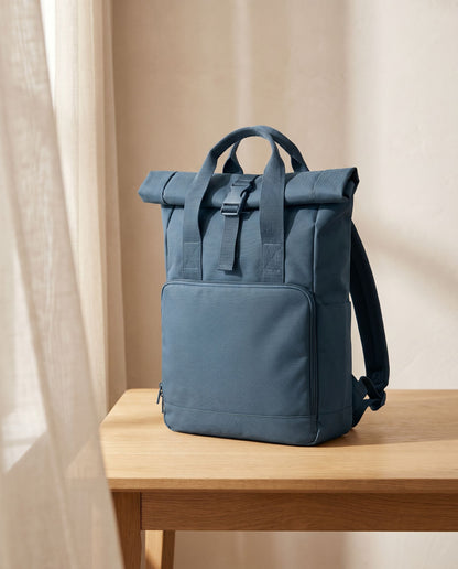 Embroidered Twin Handle Roll-Top Backpack in Airforce Blue