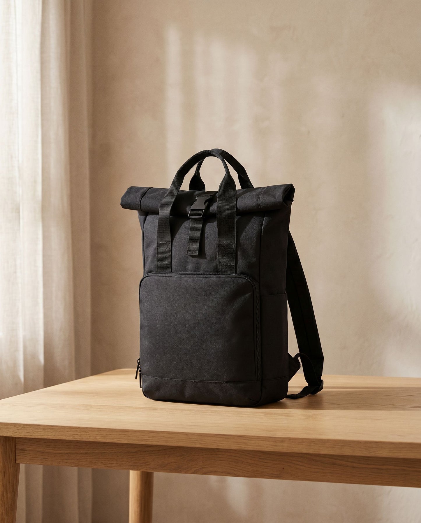 Embroidered Twin Handle Roll-Top Backpack in Black