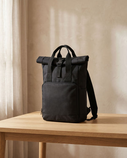 Embroidered Twin Handle Roll-Top Backpack in Black