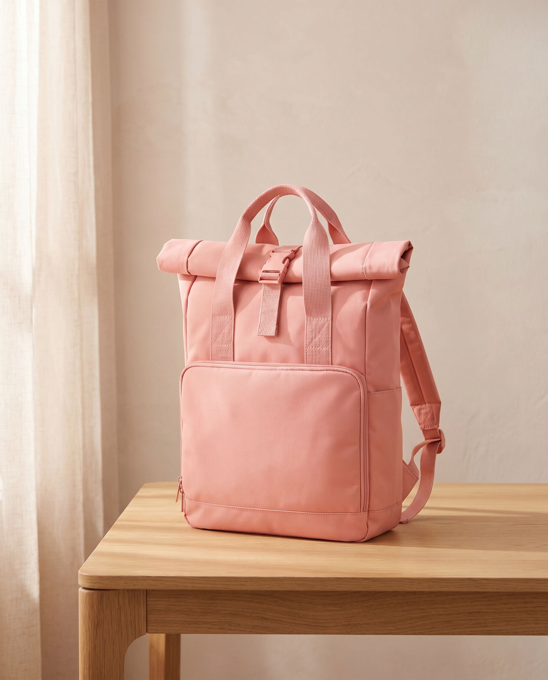 Embroidered Twin Handle Roll-Top Backpack in Blush Pink