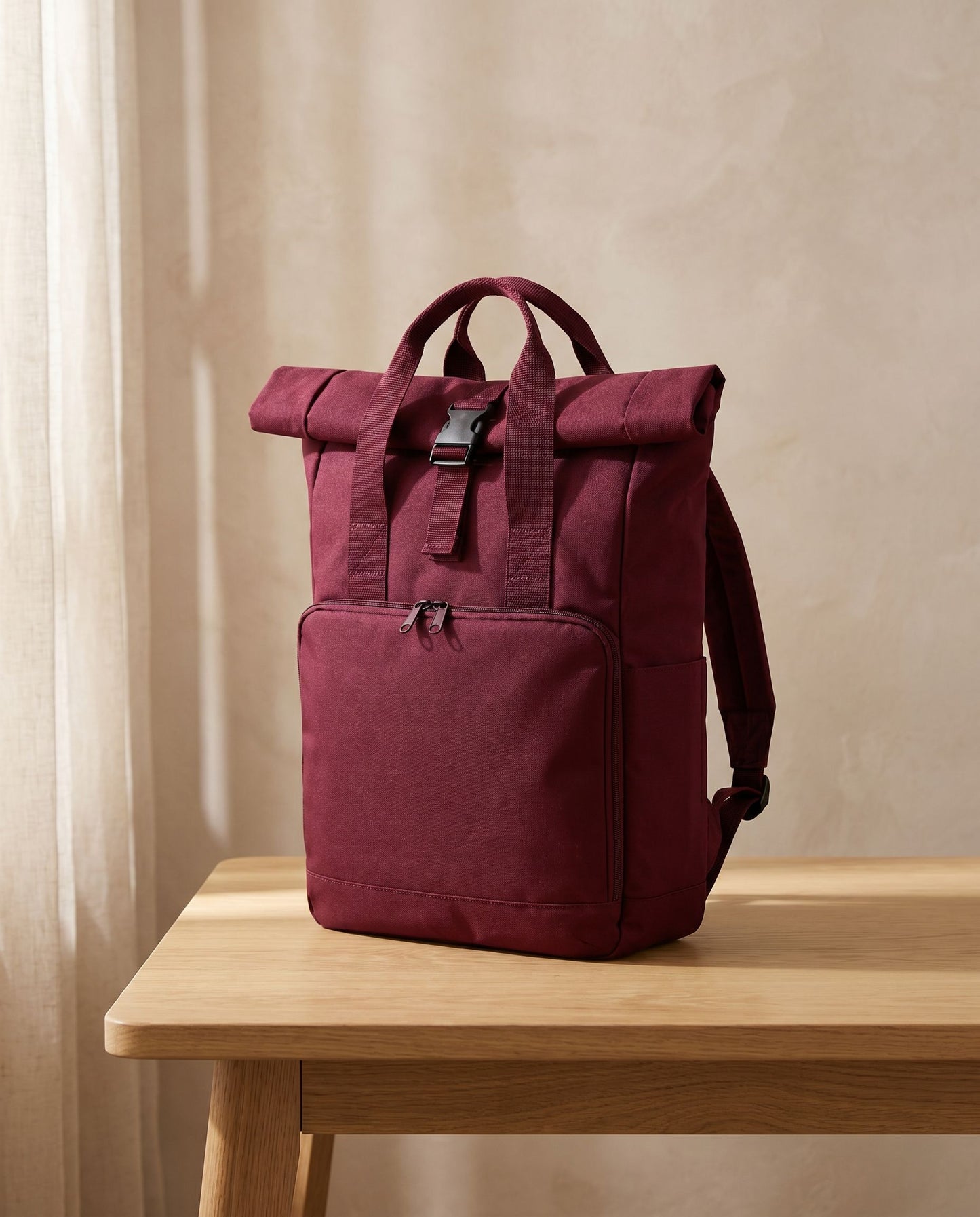 Embroidered Twin Handle Roll-Top Backpack in Burgundy