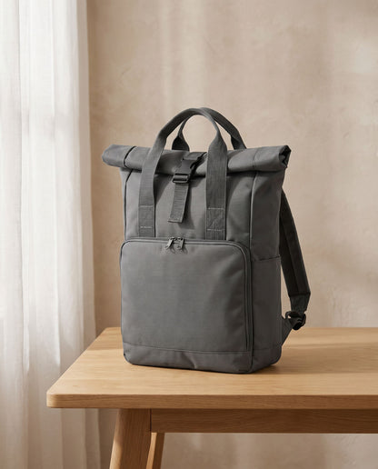 Embroidered Twin Handle Roll-Top Backpack in Graphite Grey