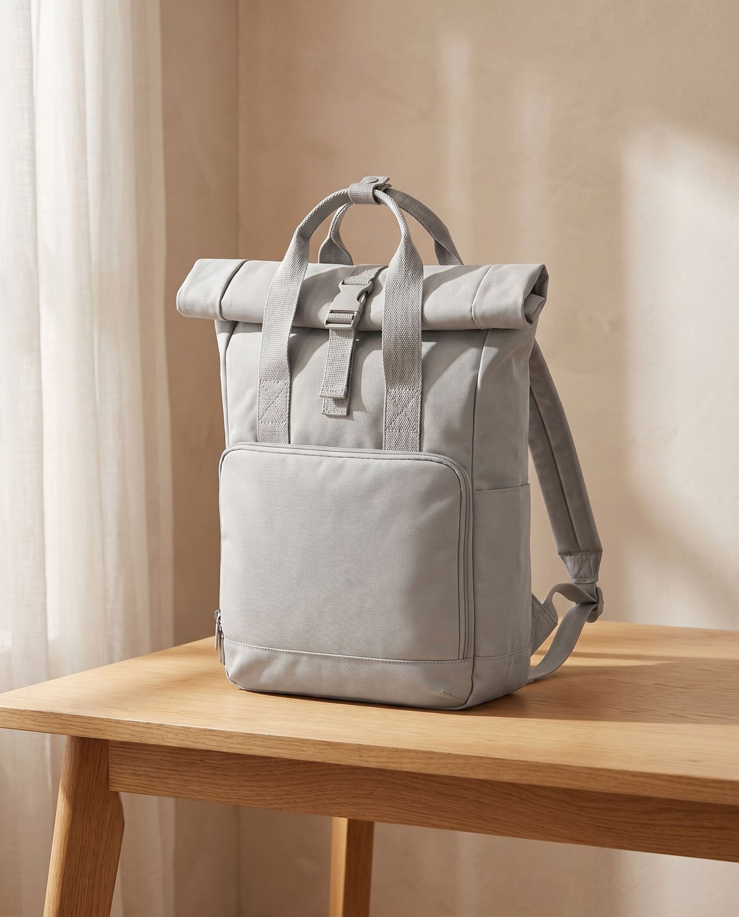 Embroidered Twin Handle Roll-Top Backpack in Light Grey
