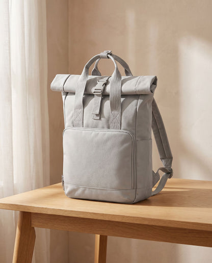 Embroidered Twin Handle Roll-Top Backpack in Light Grey