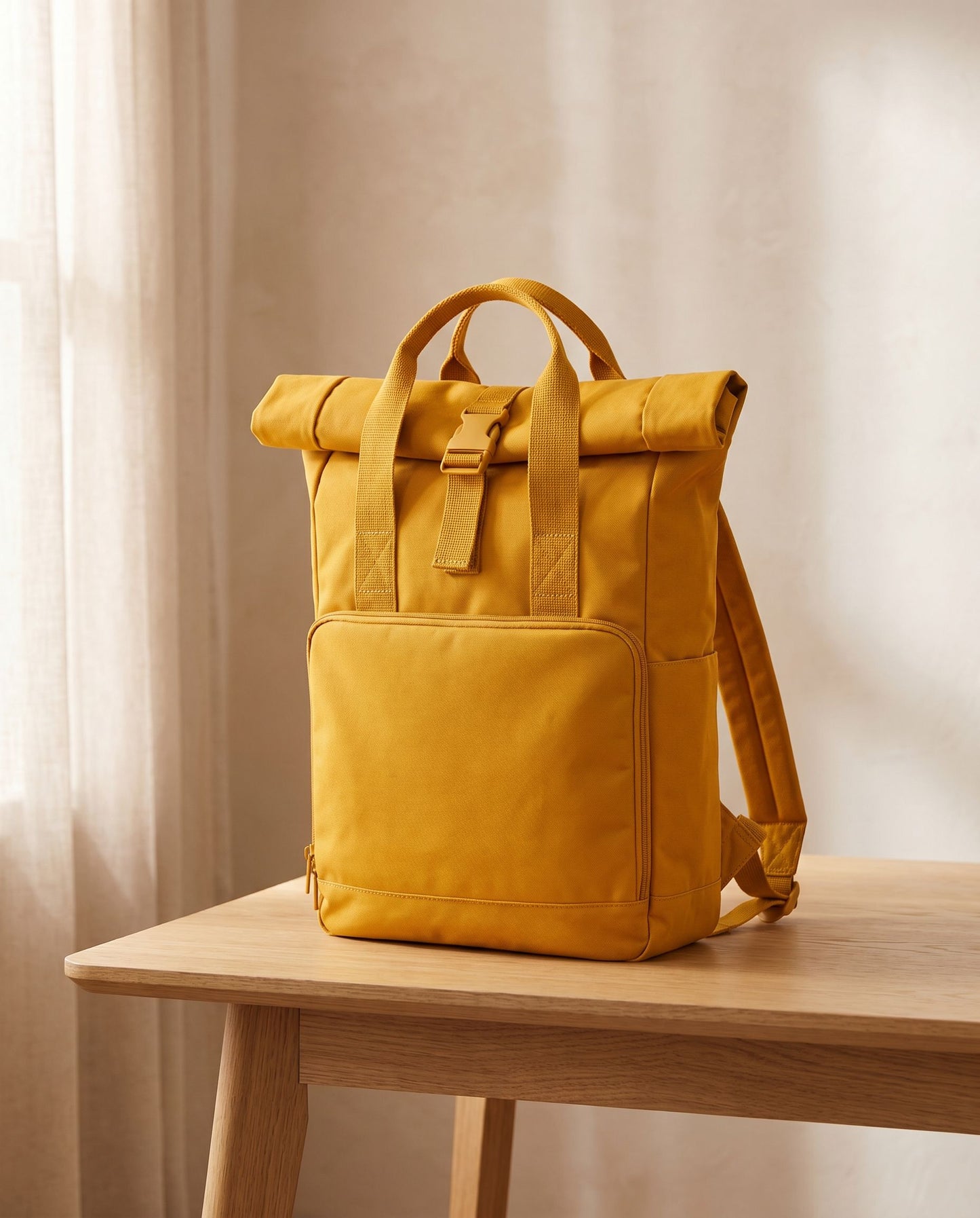 Embroidered Twin Handle Roll-Top Backpack in Mustard