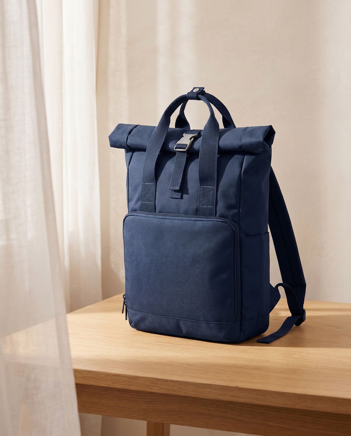 Embroidered Twin Handle Roll-Top Backpack in Navy Dusk