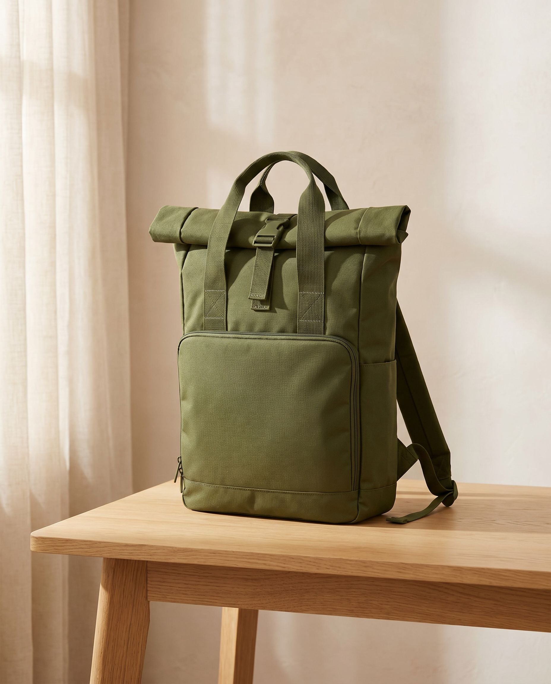 Embroidered Twin Handle Roll-Top Backpack in Olive Green