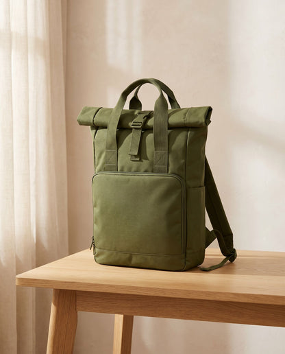 Embroidered Twin Handle Roll-Top Backpack in Olive Green