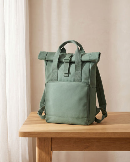 Embroidered Twin Handle Roll-Top Backpack in Sage Green